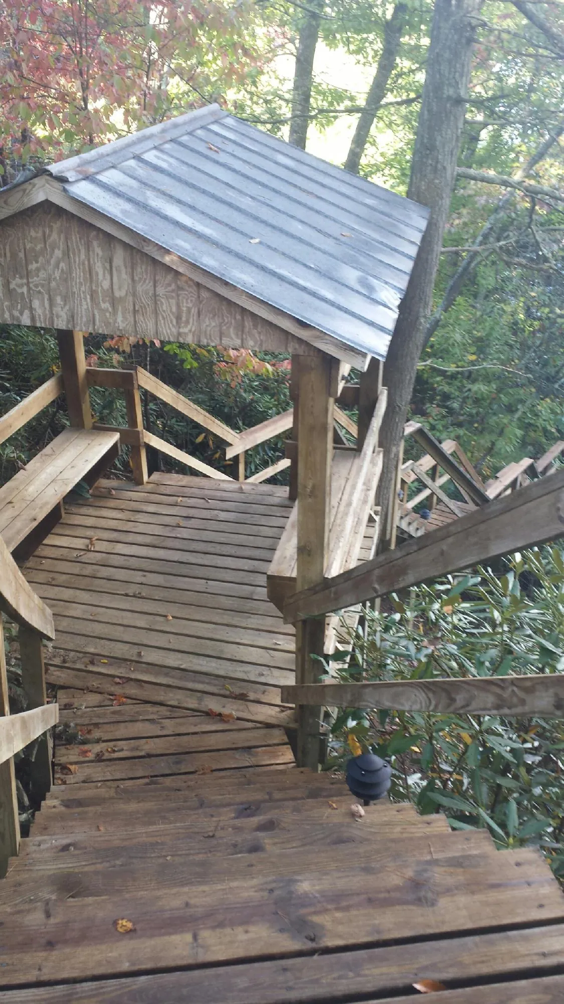 Metal roofed shelter over wooden steps on a wooded walkway — Skylight Repair & Installation work by our crew in Kennedy
